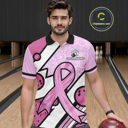 Personalized Pink Ribbons Camo Bowling Shirts For Men, Custom breast cancer bowling Team shirts NQS10533