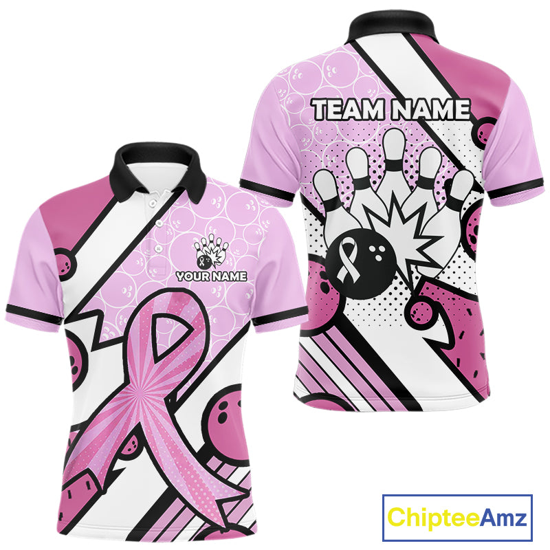 Personalized Pink Ribbons Camo Bowling Shirts For Men, Custom breast cancer bowling Team shirts NQS10533
