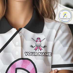 Personalized Pink Ribbons Camo Golf Polo Shirts for Women, Custom breast cancer Golf Team shirts NQS10534