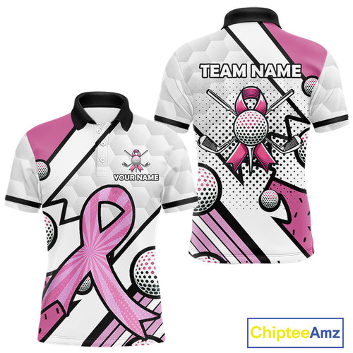 Personalized Pink Ribbons Camo Golf Polo Shirts for Men, Custom breast cancer Golf Team shirts NQS10534