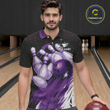 Load image into Gallery viewer, Custom Black And Purple Galaxy Bowling Team Polo, 1/4 Zip Shirt For Men, Personalized Bowling Jerseys NQS10544