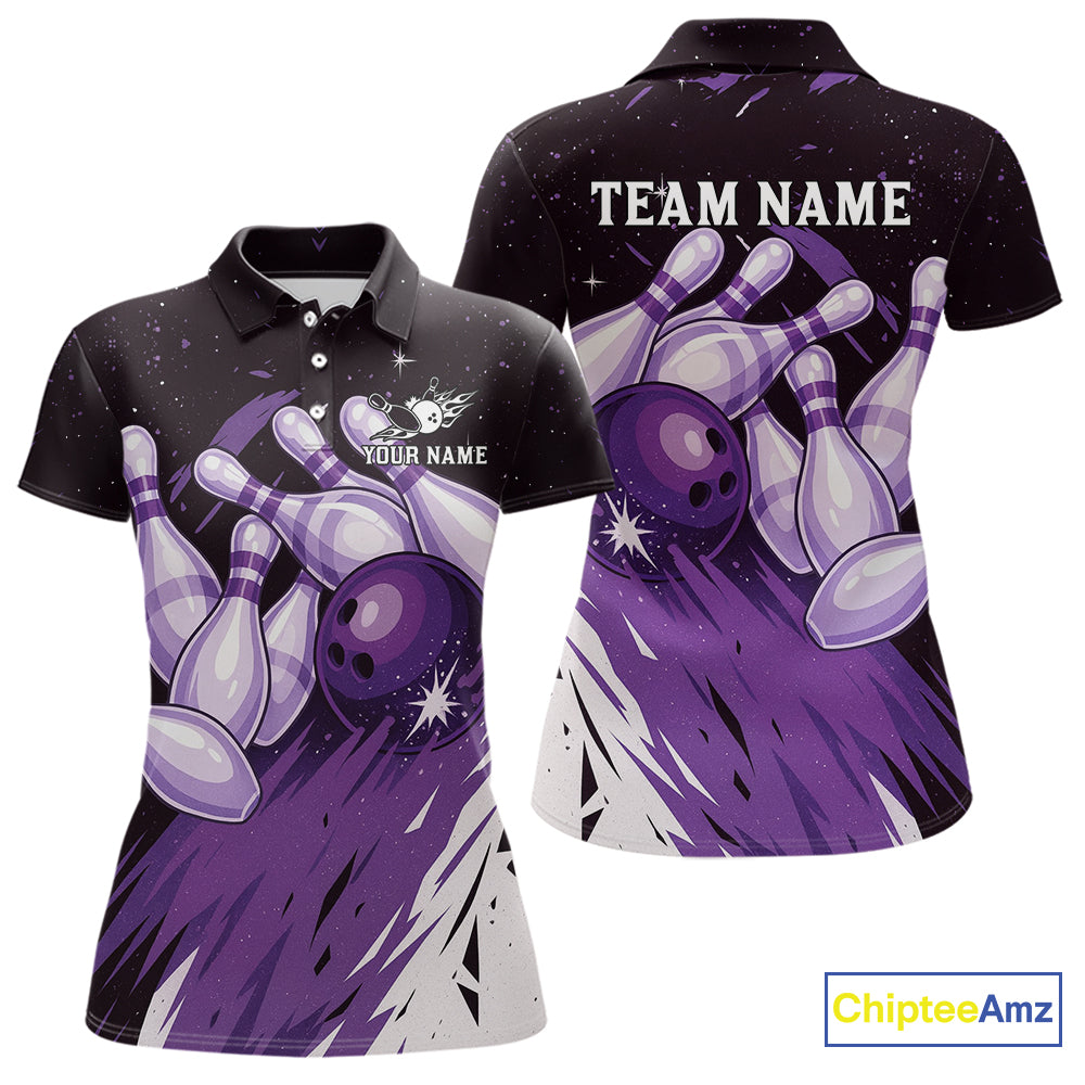 Custom Black & Purple Galaxy Bowling Team Polo, 1/4 Zip Shirt For Women, Personalized Bowling Jerseys NQS10544