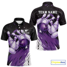 Load image into Gallery viewer, Custom Black And Purple Galaxy Bowling Team Polo, 1/4 Zip Shirt For Men, Personalized Bowling Jerseys NQS10544