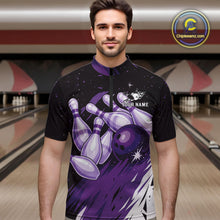 Load image into Gallery viewer, Custom Black And Purple Galaxy Bowling Team Polo, 1/4 Zip Shirt For Men, Personalized Bowling Jerseys NQS10544