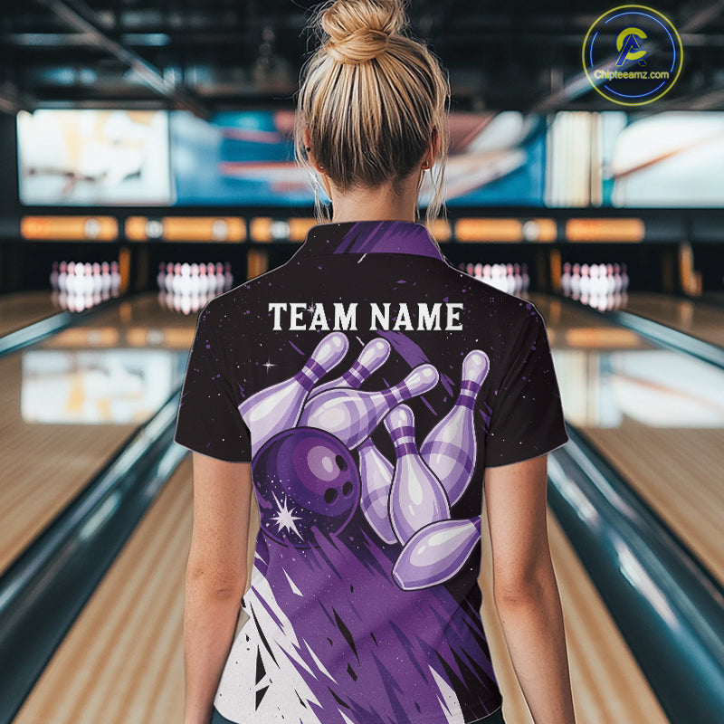 Custom Black & Purple Galaxy Bowling Team Polo, 1/4 Zip Shirt For Women, Personalized Bowling Jerseys NQS10544
