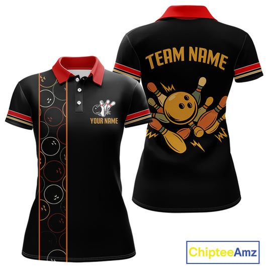 Custom Retro Black Womens Bowling Polo, Quarter Zip shirts, Personalized vintage bowling team jerseys NQS10548