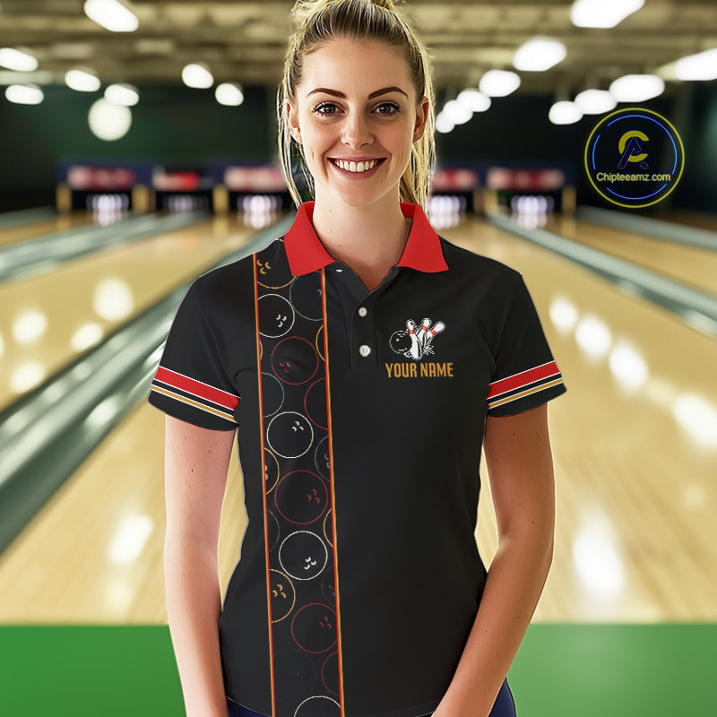 Custom Retro Black Womens Bowling Polo, Quarter Zip shirts, Personalized vintage bowling team jerseys NQS10548
