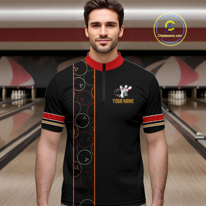 Custom Retro Black Mens Bowling Polo, Quarter Zip shirts, Personalized vintage bowling team jerseys NQS10548
