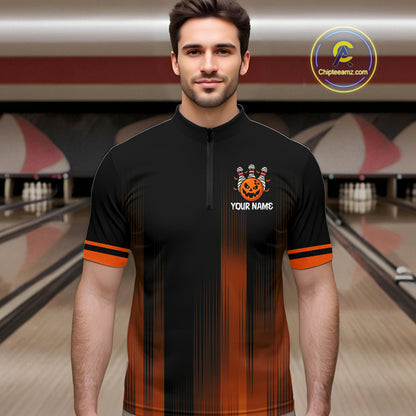 Custom Orange and Black Funny Pumpkin Ball pins Mens Bowling Team Shirts, Halloween Bowling Outfit NQS10564