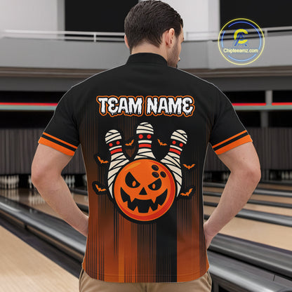 Custom Orange and Black Funny Pumpkin Ball pins Mens Bowling Team Shirts, Halloween Bowling Outfit NQS10564