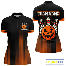 Load image into Gallery viewer, Custom Orange and Black Funny Pumpkin Ball pins Women Bowling Team Shirts, Halloween Bowling Outfit NQS10564
