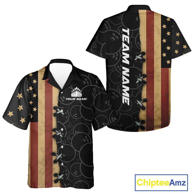 Vintage American Flag Black Bowling Camo Retro Bowling Hawaiian Shirt Custom Team bowling jersey NQS10584
