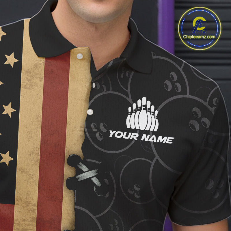 Vintage American Flag Black Bowling Camo Retro Bowling shirts for Men Custom Team bowling jersey NQS10584