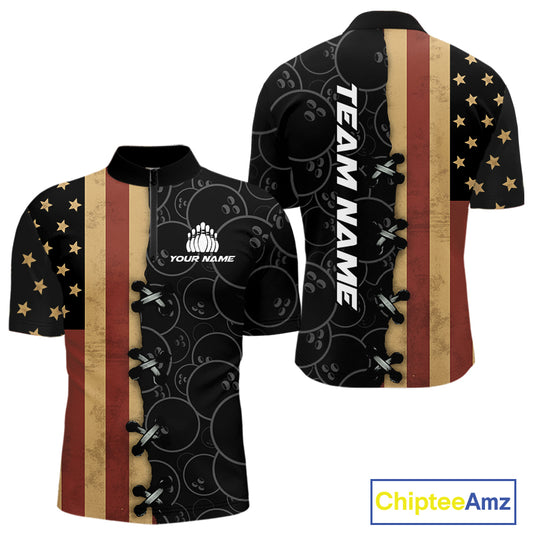 Vintage American Flag Black Bowling Camo Retro Bowling shirts for Men Custom Team bowling jersey NQS10584