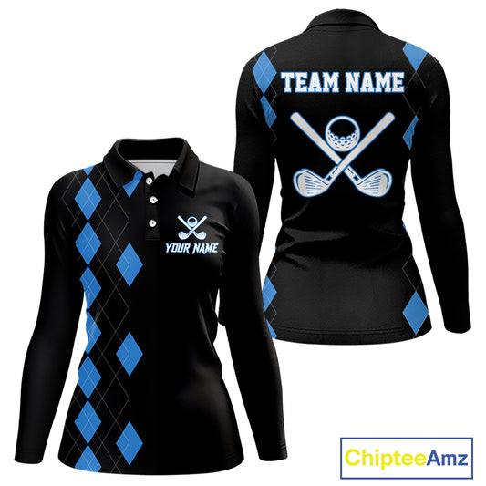 Black and Blue argyle polo shirts personalized long sleeve womens golf shirts, team golf outfit NQS11403