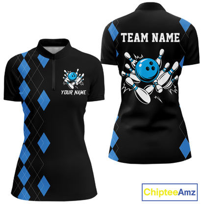 Black and Blue argyle womens bowling shirts custom team bowling jerseys women's bowling outfits NQS11404