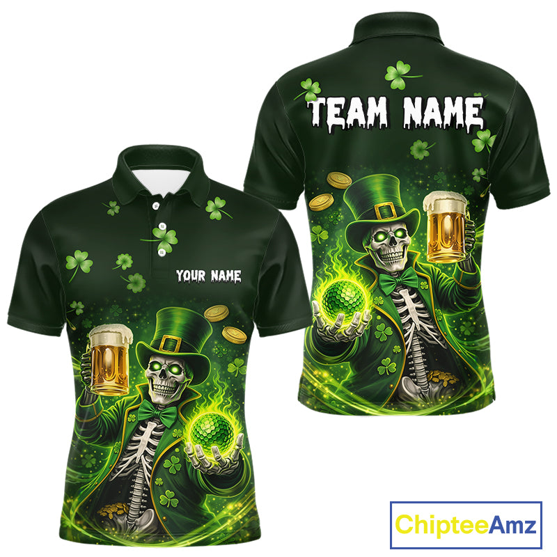 Funny Skull drink beer St Patrick's day Green shamrock Mens Golf Polo Shirts Custom mens golf apparel NQS11411