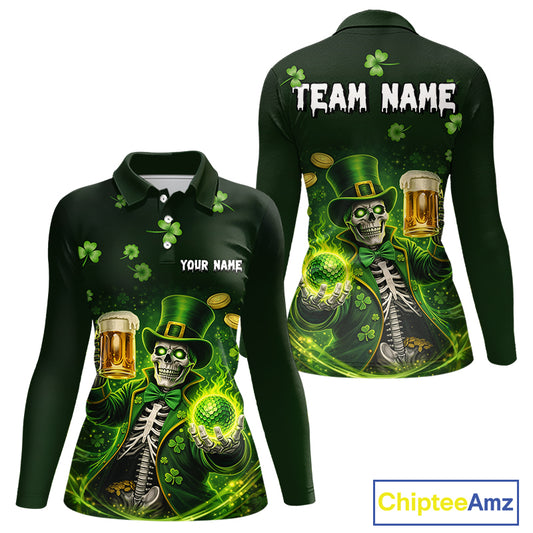 Funny Skull drink beer St Patrick day Green shamrock Women Golf Polo Shirt Custom ladies golf apparel NQS11411