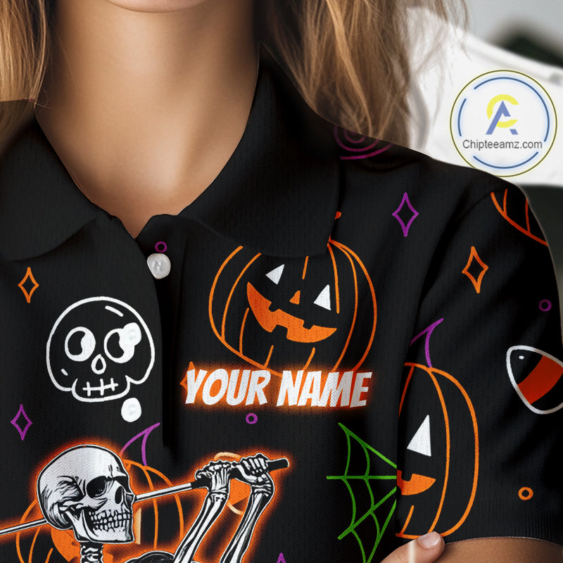 Personalized Funny Halloween Pattern Skull Golf Polo Shirts For Women, Halloween Ladies Golf Gifts NQS10836