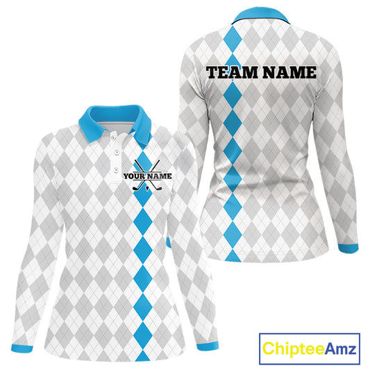 Custom Blue and White argyle pattern Golf Polo Shirts For Women, personalized team ladies golf outfit NQS11210