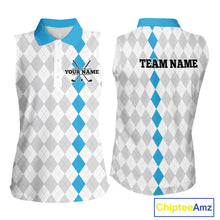 Load image into Gallery viewer, Custom Blue and White argyle pattern Sleeveless Golf Polo Shirt, personalized team ladies golf outfit NQS11210