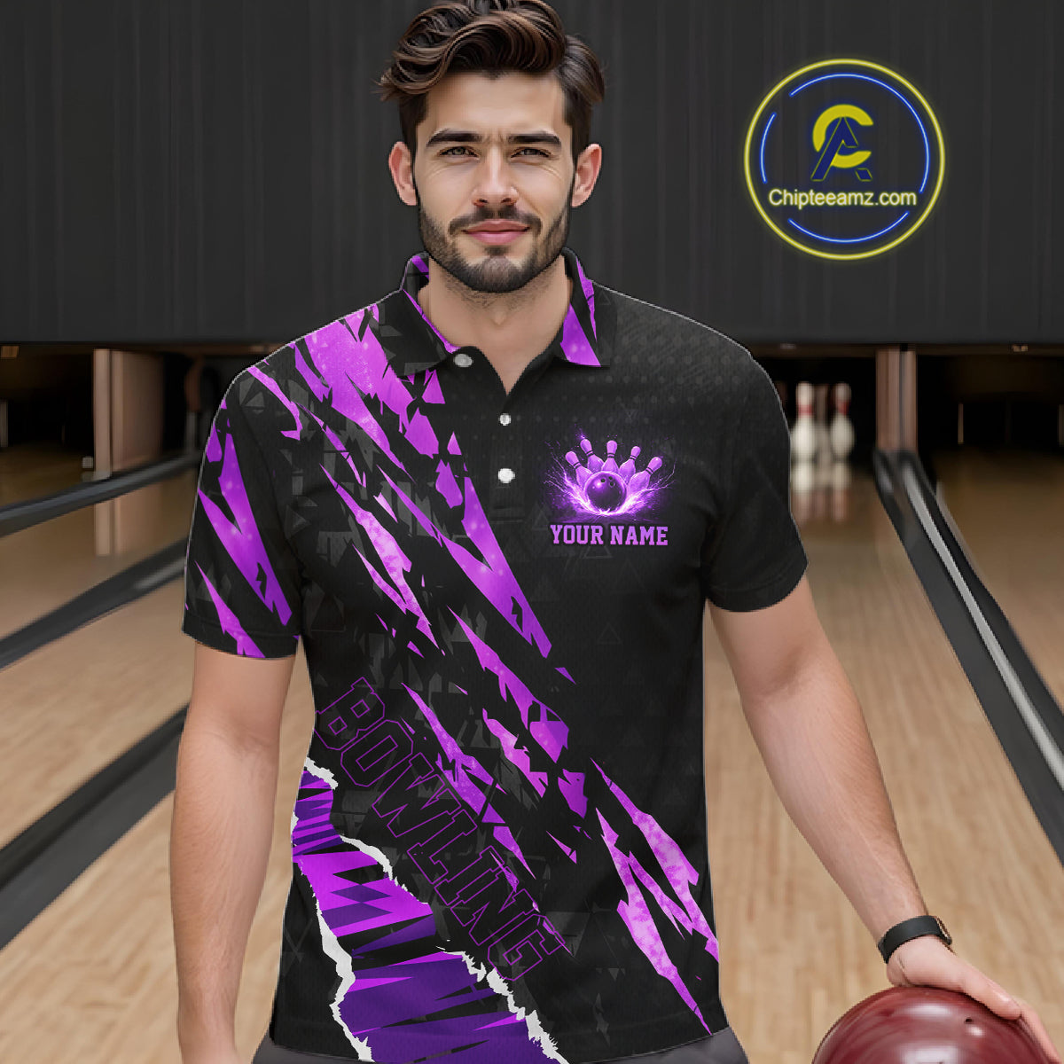 Black and Purple camo Bowling Polo shirts, 1/4 zip shirt for men custom Bowling Team League Jerseys NQS11420