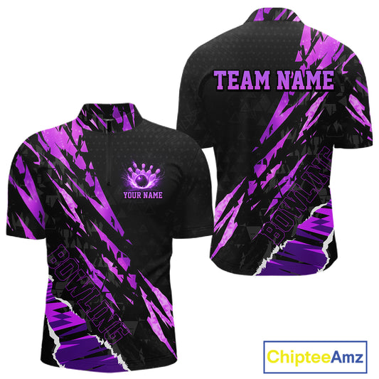 Black and Purple camo Bowling Polo shirts, 1/4 zip shirt for men custom Bowling Team League Jerseys NQS11420