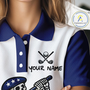 Red, White and Blue American Flag Skull Golf polo shirts for Women custom patriotic ladies golf top NQS10851