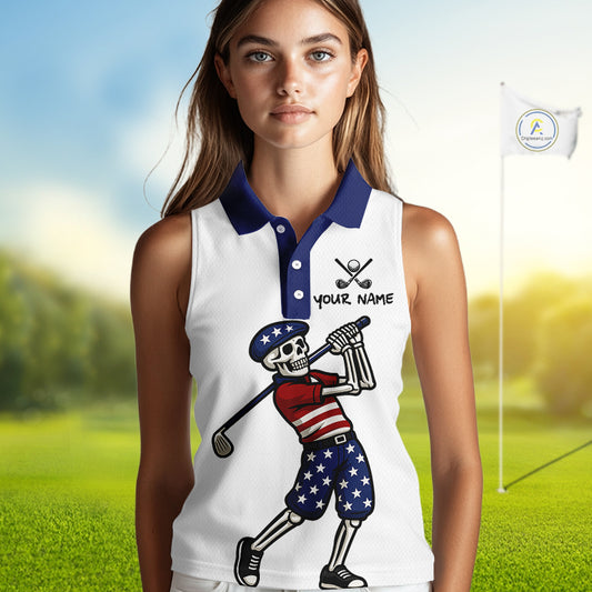 Red, White and Blue American Flag Skull Sleeveless Golf polo shirt custom patriotic ladies golf top NQS10851