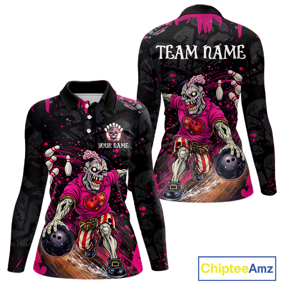 Black and Pink Funny zombie Bowling Shirts For Women Custom Ladies Bowling team league jerseys NQS11442