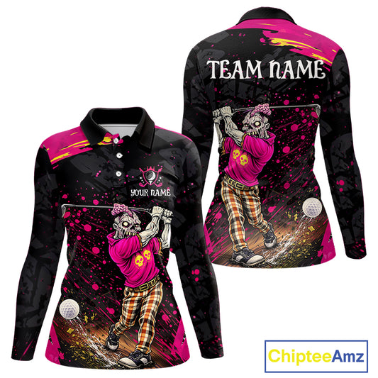 Black and Pink Funny zombie Golf Polo shirts for Women Custom funny women's golf team shirts NQS11443