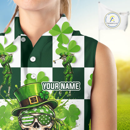 Funny Skull drink beer Clover square pattern Sleeveless Golf tops Custom St Patrick's Day golf tops NQS11454