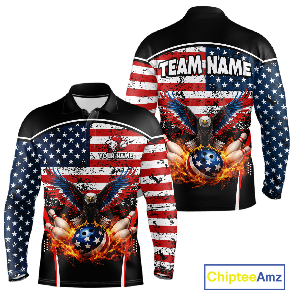 American Flag Eagle Flame Bowling Shirts For Men Custom patriotic Bowling Team Jerseys NQS11735