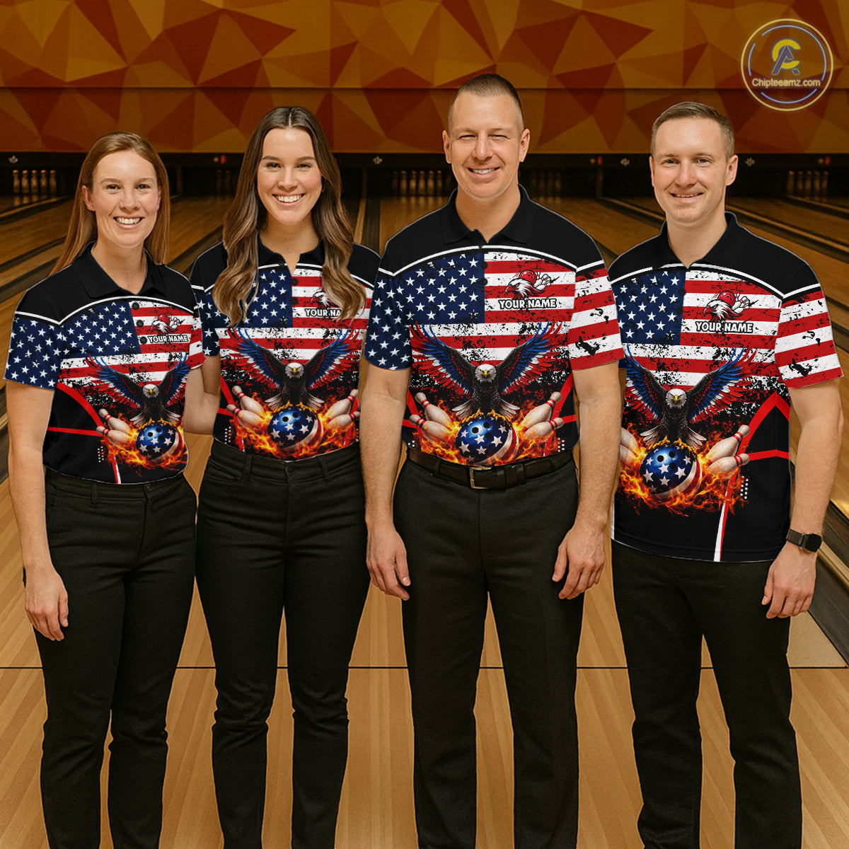 American Flag Eagle Flame Bowling Shirts For Women Custom patriotic Bowling Team Jerseys NQS11735