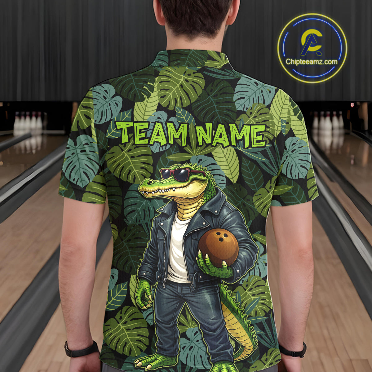 Green tropical leaf pattern Funny Alligator Bowling Shirts For Men Custom Bowling Team Jerseys NQS11744