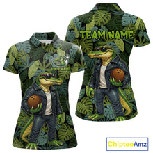 Load image into Gallery viewer, Green tropical leaf pattern Funny Alligator Bowling Shirts For Women Custom Bowling Team Jerseys NQS11744
