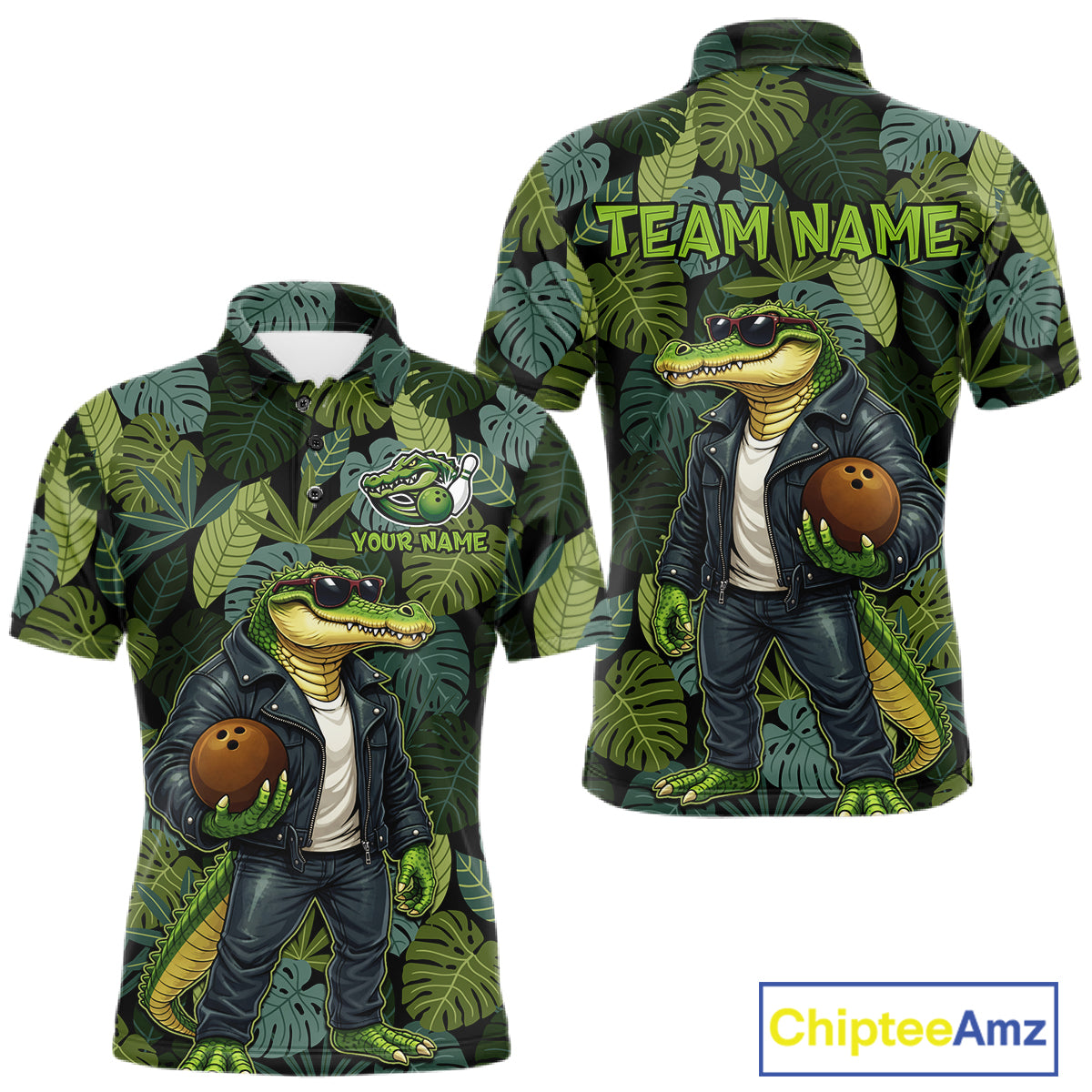 Green tropical leaf pattern Funny Alligator Bowling Shirts For Men Custom Bowling Team Jerseys NQS11744