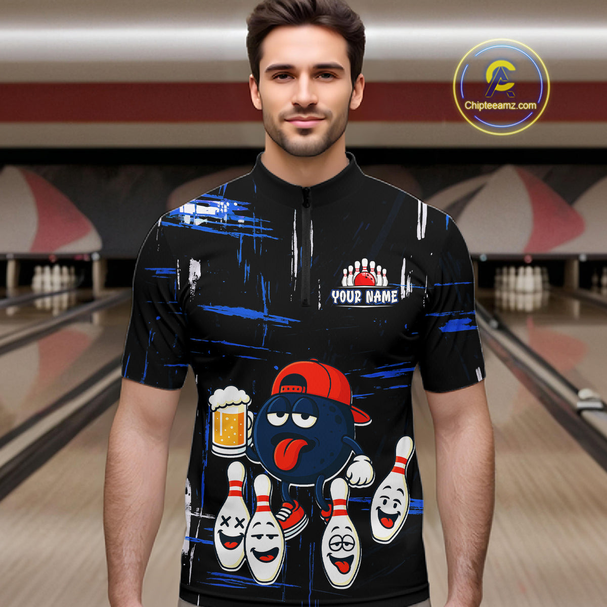 Custom Black And Blue Funny Beer Bowling Men Polo, Quarter Zip Shirts, funny bowling shirts NQS11488