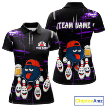 Load image into Gallery viewer, Custom Black And Purple Funny Beer Bowling Women Polo, Quarter Zip Shirts, funny bowling shirts NQS11489