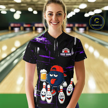 Load image into Gallery viewer, Custom Black And Purple Funny Beer Bowling Women Polo, Quarter Zip Shirts, funny bowling shirts NQS11489
