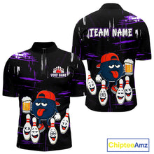 Load image into Gallery viewer, Custom Black And Purple Funny Beer Bowling Men Polo, Quarter Zip Shirts, funny bowling shirts NQS11489