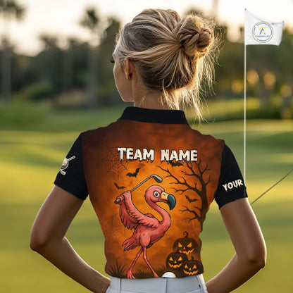 Black and Orange Funny Flamingo Golf Polo Shirt For Women Custom Halloween Golf Attire Golfing Gifts NQS10701