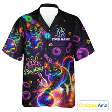 Load image into Gallery viewer, Custom Funny Cat Neon Hawaiian Bowling Jerseys Bowling Outfit, Bowling Team button up Shirts NQS11515