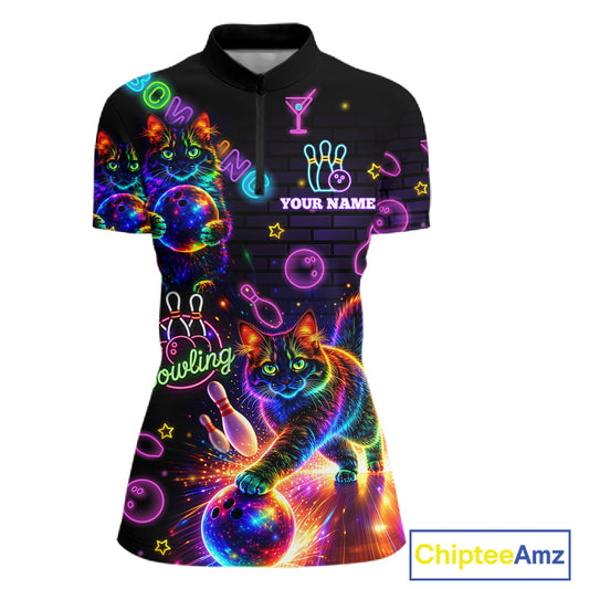 Custom Funny Cat Neon Bowling Jerseys for Ladies Bowling Outfit Polo & 1/4 Zip Bowling Team Shirts NQS11515