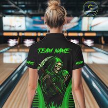 Load image into Gallery viewer, Black and Green Flame Skull Reaper Bowling Polo, 1/4 Zip shirt for Women Custom team bowling jersey NQS10712