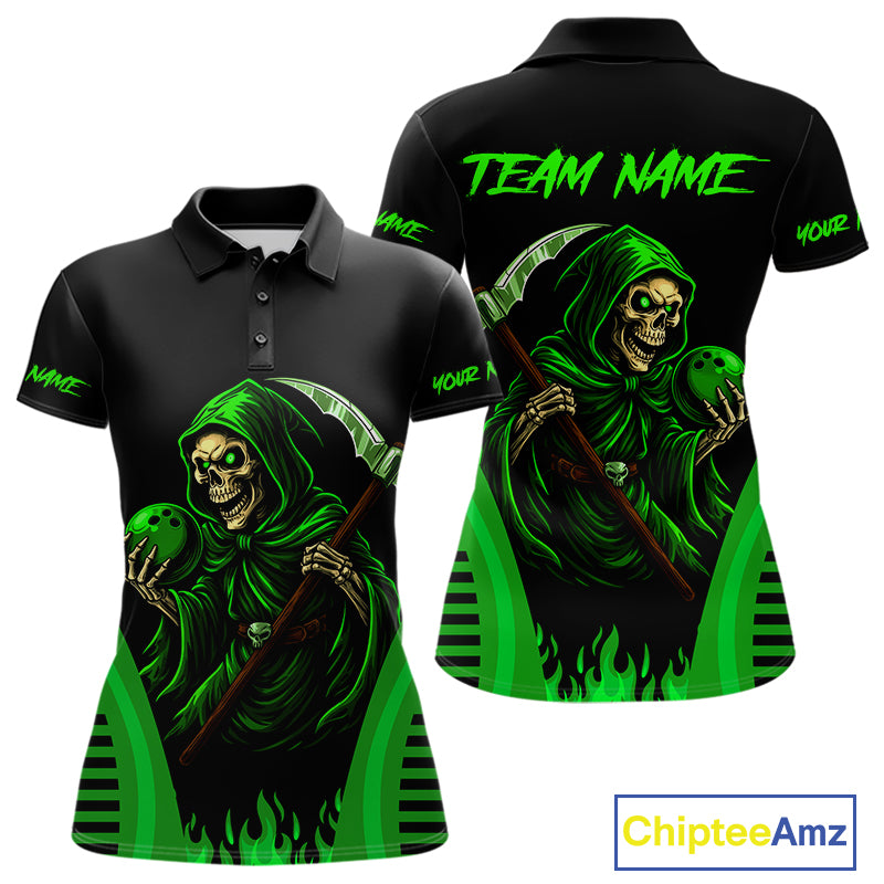 Black and Green Flame Skull Reaper Bowling Polo, 1/4 Zip shirt for Women Custom team bowling jersey NQS10712