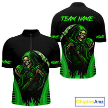 Load image into Gallery viewer, Black and Green Flame Skull Reaper Bowling Polo, Quarter Zip shirt for Men Custom team bowling jersey NQS10712