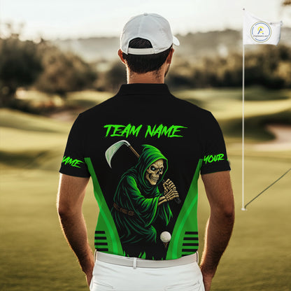 Black and Green Flame Skull Reaper Mens Golf Polo Shirt Custom team golf outfits for mens golfer gift NQS10713