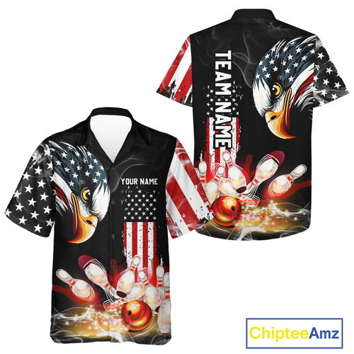 American Flag smoke Eagle Bowling Hawaiian Shirt Custom patriotic Bowling team button up shirt NQS10719