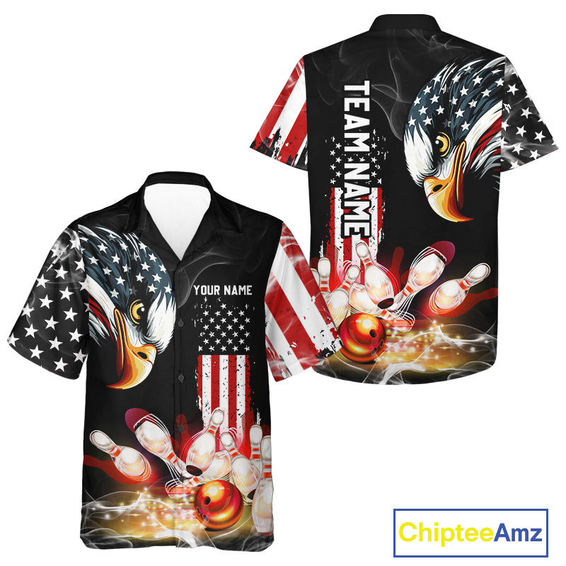 American Flag smoke Eagle Bowling Hawaiian Shirt Custom patriotic Bowling team button up shirt NQS10719